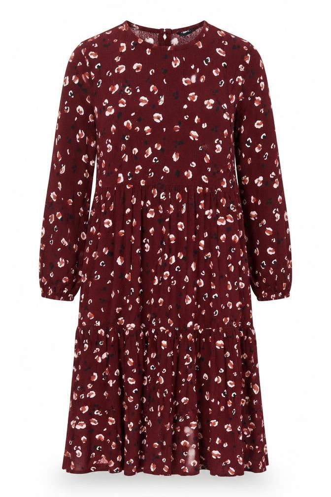 Front view of Next women’s red animal print polyester a-line, size UK 12, crew neck button