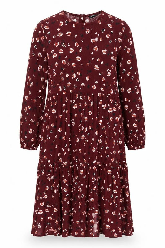 Front view of Next women’s red animal print polyester a-line, size UK 12, crew neck button