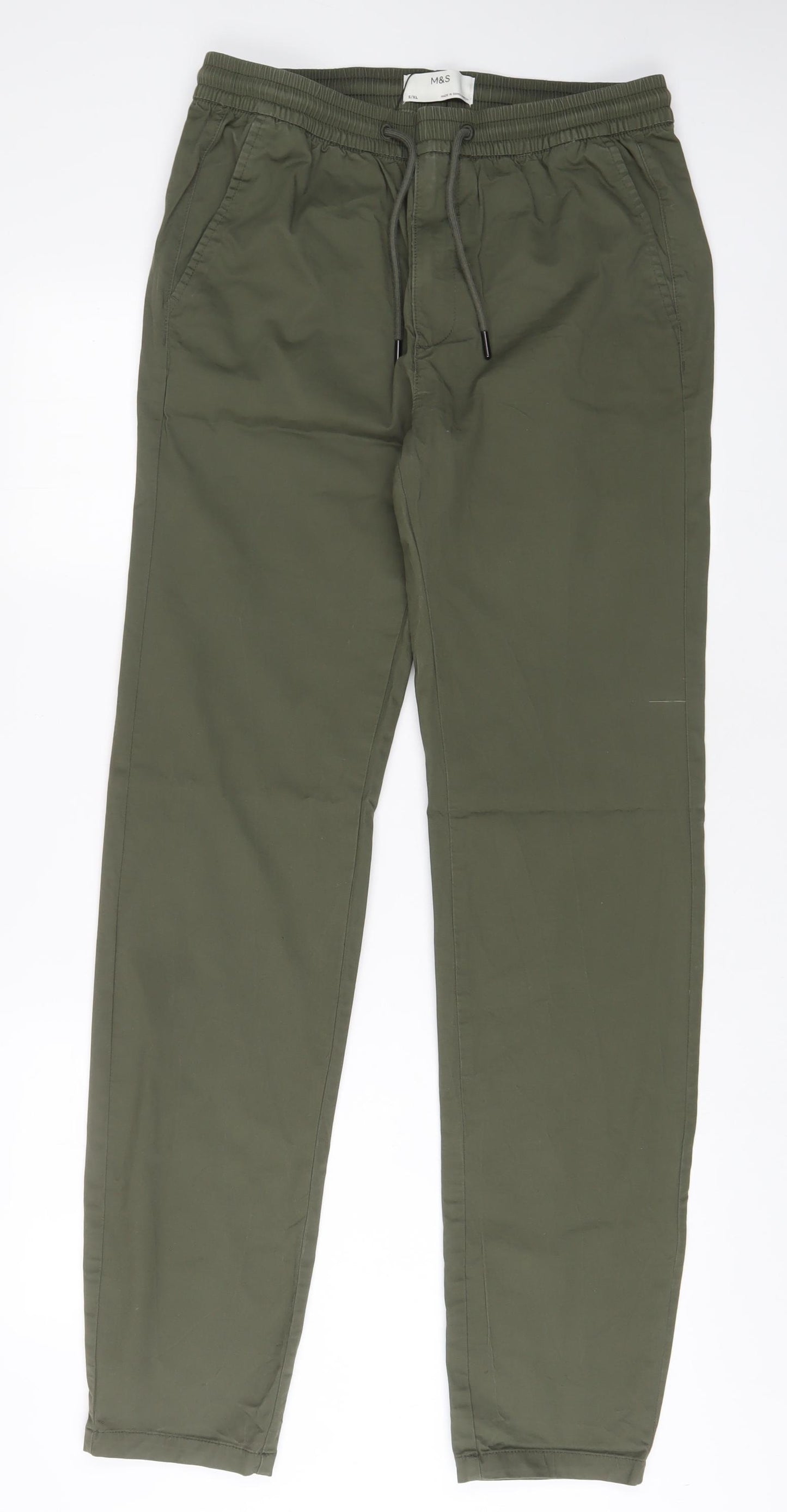 Marks and Spencer Mens Green Cotton Trousers Size S L33 in Regular Drawstring - Long Leg