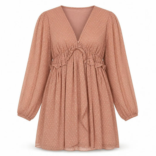 Front view of Boohoo women’s pink polka dot polyester a-line, size UK 14, v-neck pullover - embroidered