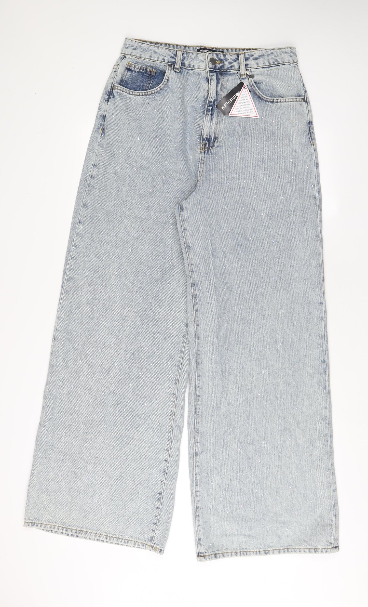 PRETTYLITTLETHING Womens Blue Cotton Wide-Leg Jeans Size 14 L32 in Regular Zip - Jewels