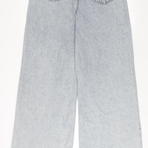 PRETTYLITTLETHING Womens Blue Cotton Wide-Leg Jeans Size 14 L32 in Regular Zip - Jewels