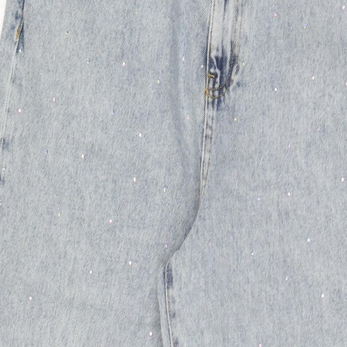 PRETTYLITTLETHING Womens Blue Cotton Wide-Leg Jeans Size 14 L32 in Regular Zip - Jewels