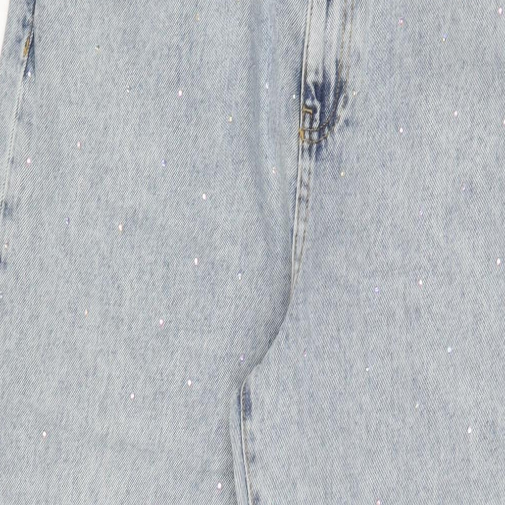 PRETTYLITTLETHING Womens Blue Cotton Wide-Leg Jeans Size 14 L32 in Regular Zip - Jewels