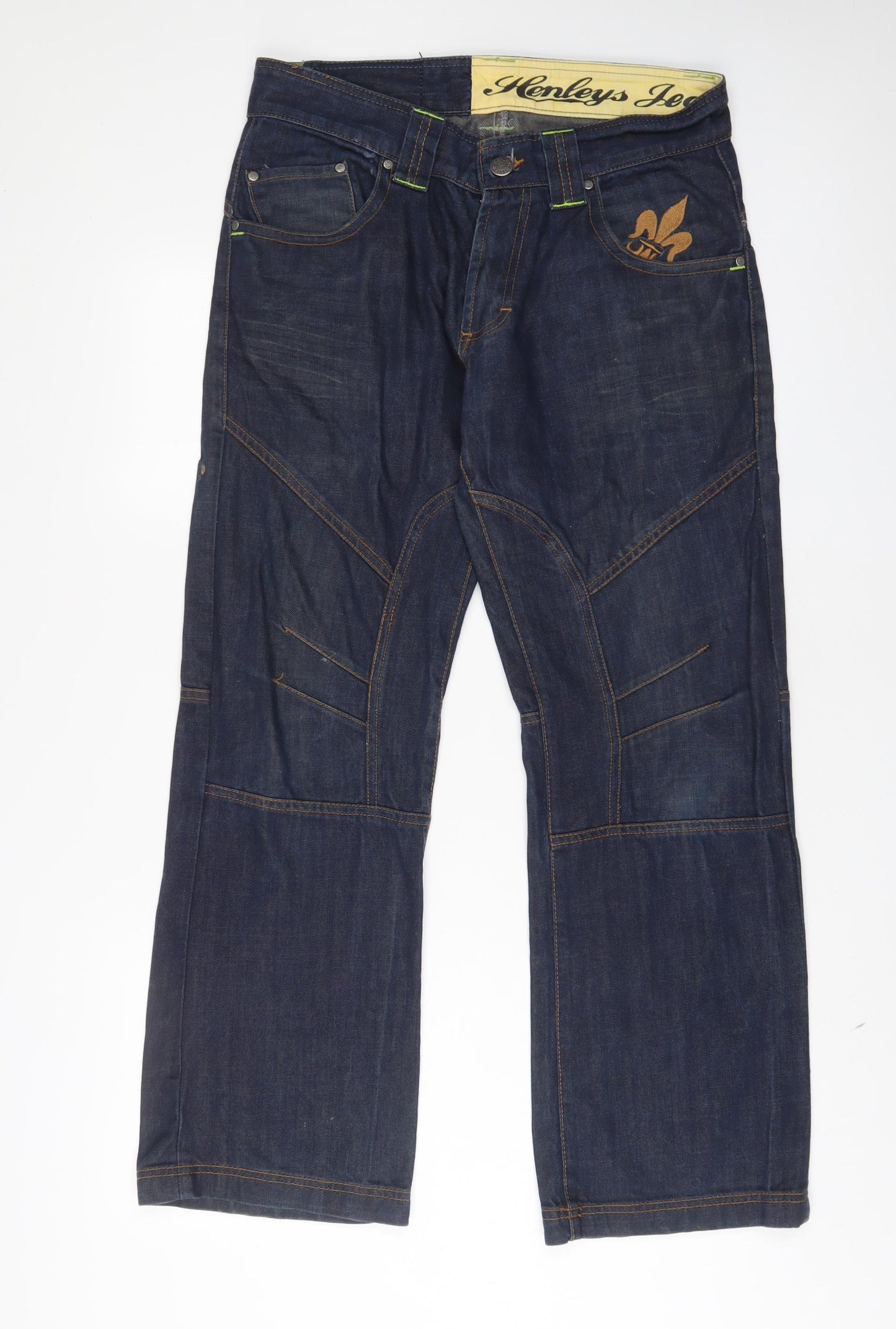 Henleys Mens Blue Cotton Straight Jeans Size 34 in L30 in Regular Zip