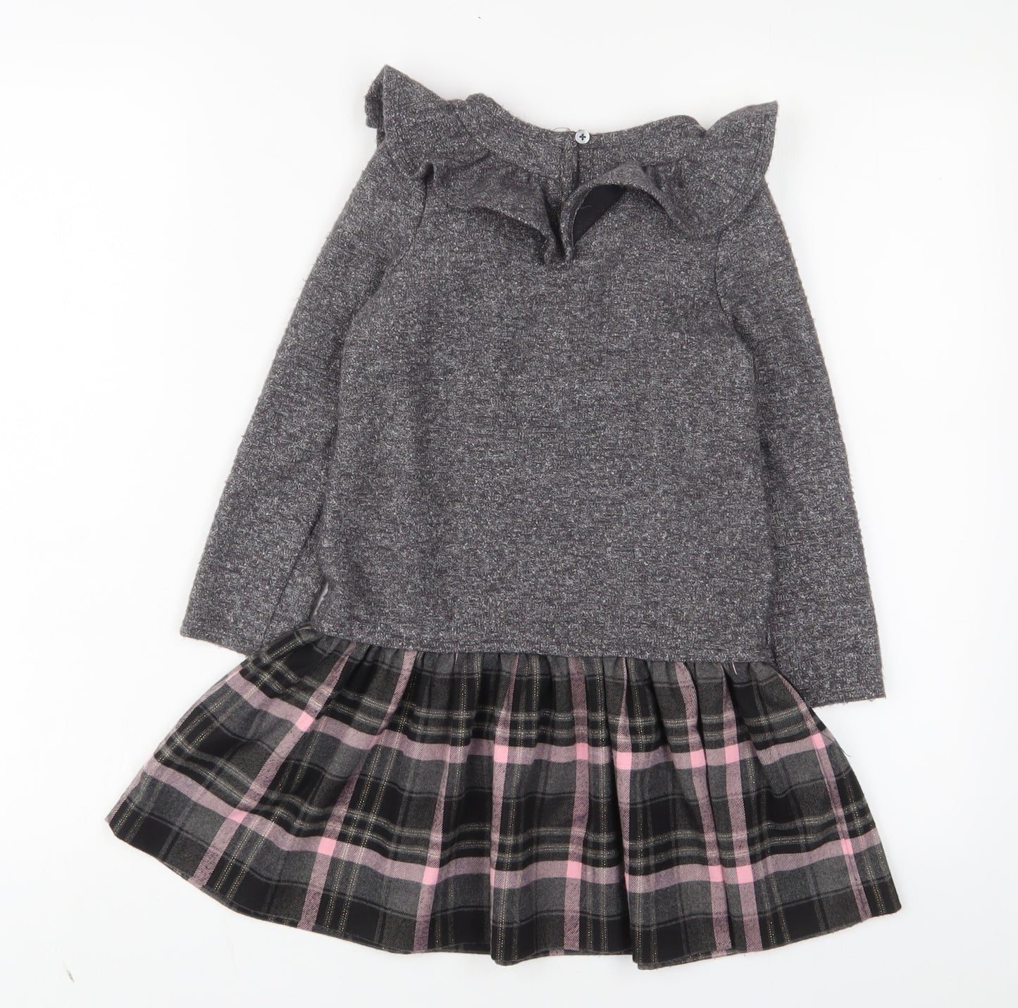 Monsoon Girls Red Plaid Polyester Jumper Dress Size 6 Years Crew Neck Button