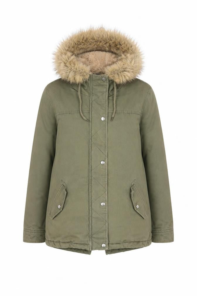 Front view of Next women’s green parka coat, size UK 8, zip - pockets