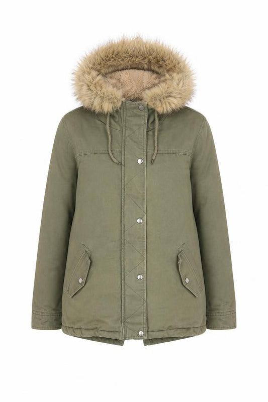 Front view of Next women’s green parka coat, size UK 8, zip - pockets