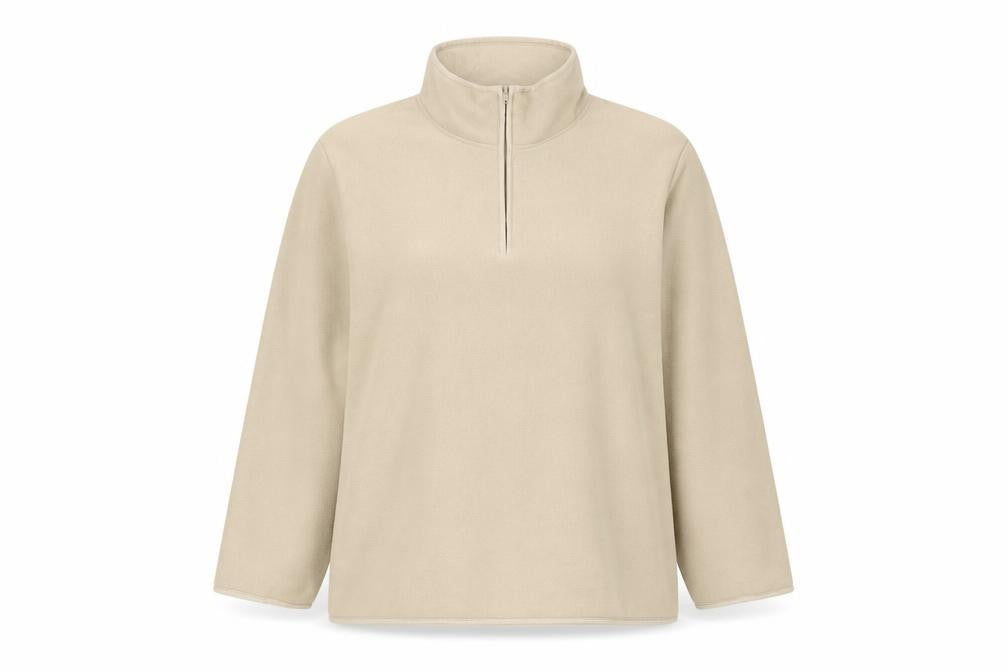 Front view of Naeville women’s beige polyester pullover sweatshirt, size UK 30, zip - 1/2 zip