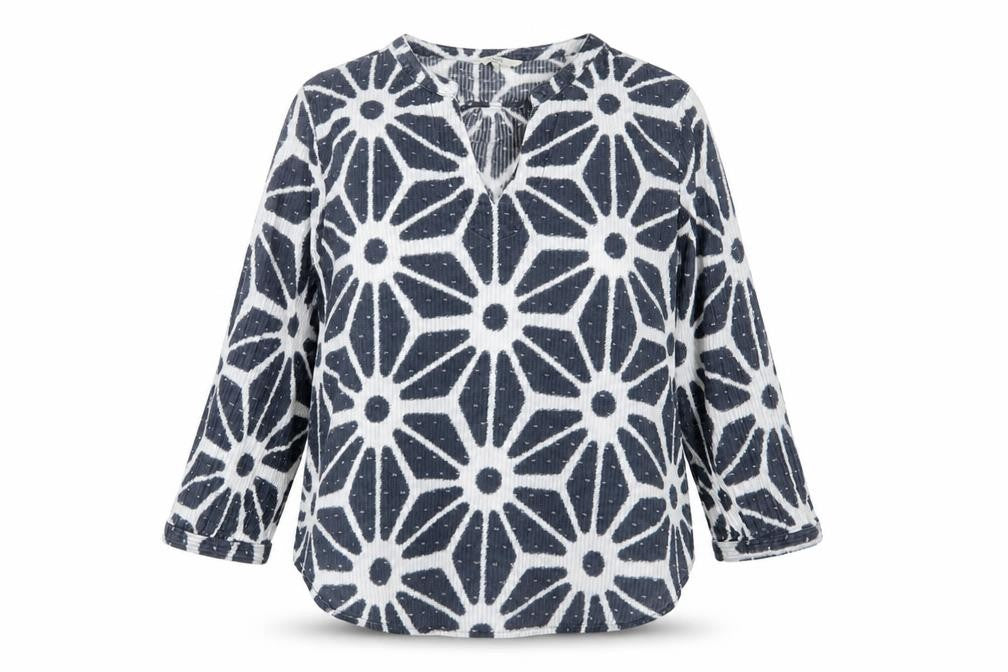 Front view of Next women’s blue geometric cotton basic blouse, size UK 14, v-neck - embroidered