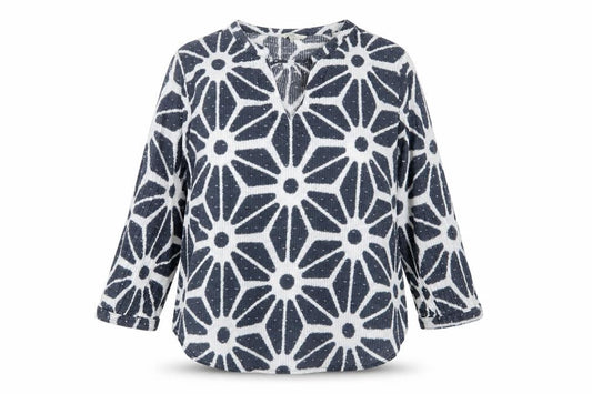 Front view of Next women’s blue geometric cotton basic blouse, size UK 14, v-neck - embroidered