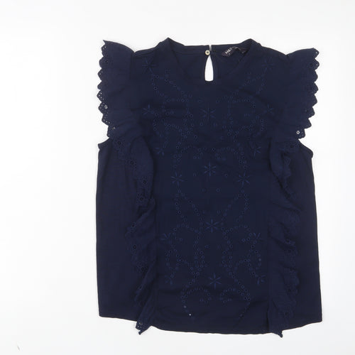 Marks and Spencer Womens Blue Modal Basic T-Shirt Size 8 Crew Neck - Embroidered