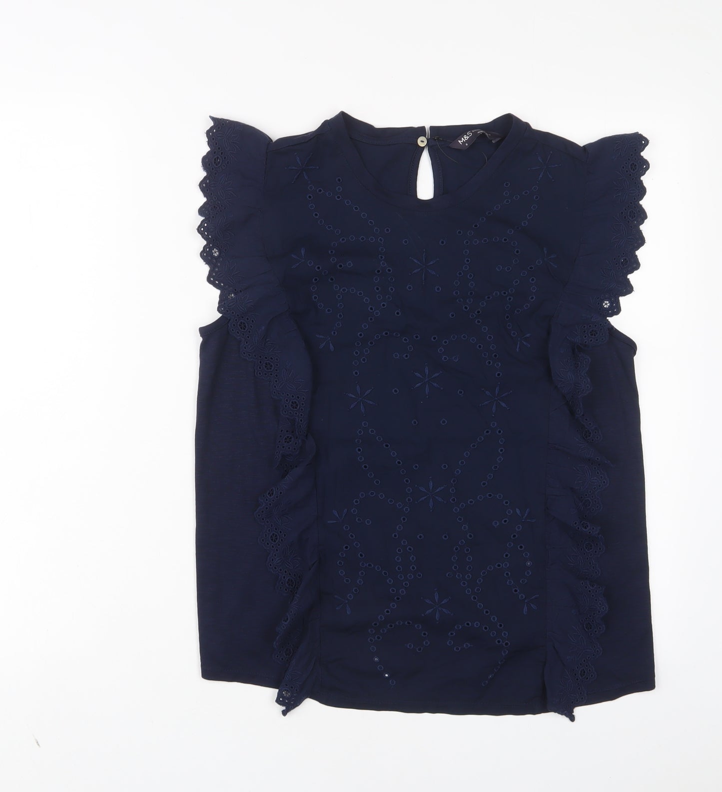Marks and Spencer Womens Blue Modal Basic T-Shirt Size 8 Crew Neck - Embroidered