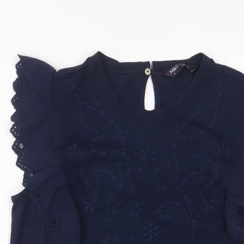 Marks and Spencer Womens Blue Modal Basic T-Shirt Size 8 Crew Neck - Embroidered