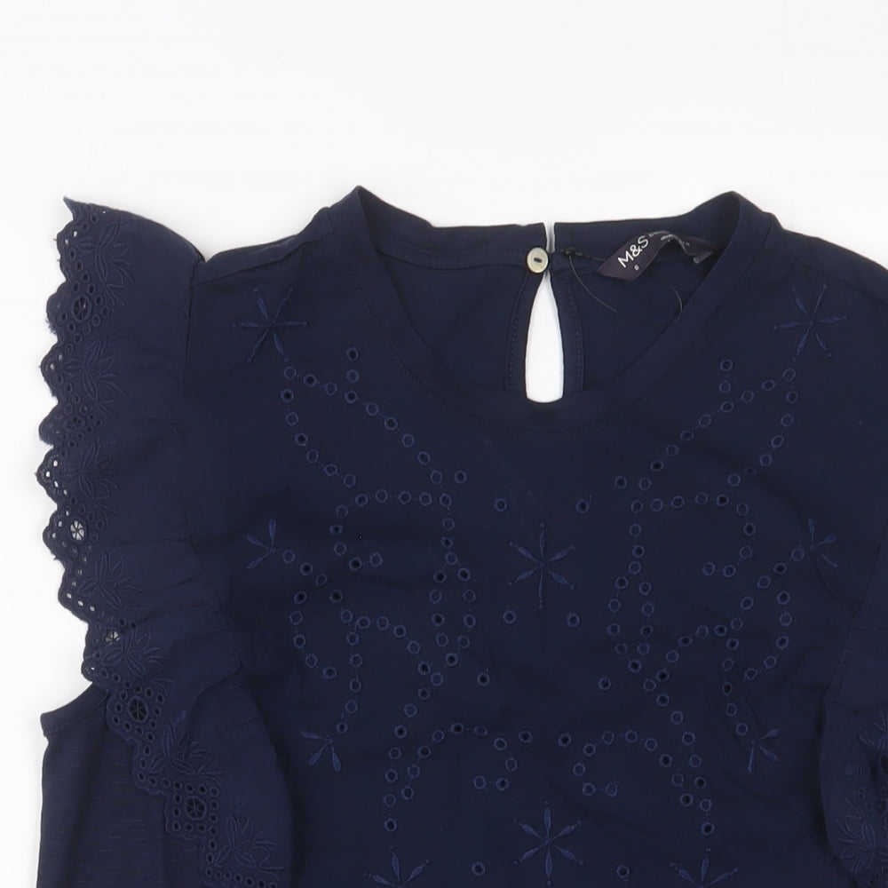 Marks and Spencer Womens Blue Modal Basic T-Shirt Size 8 Crew Neck - Embroidered