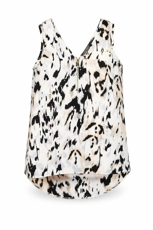 Front view of Dorothy Perkins women’s white geometric polyester basic tank, size UK 8, scoop neck - zips