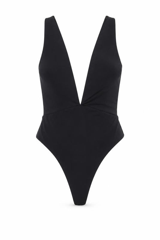 Front view of PRETTYLITTLETHING women’s black polyester bodysuit one-piece, size UK 8, snap