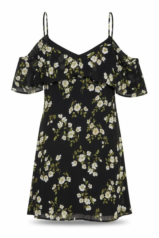 Front view of Missguided women’s black floral polyester a-line, size UK 8, v-neck pullover