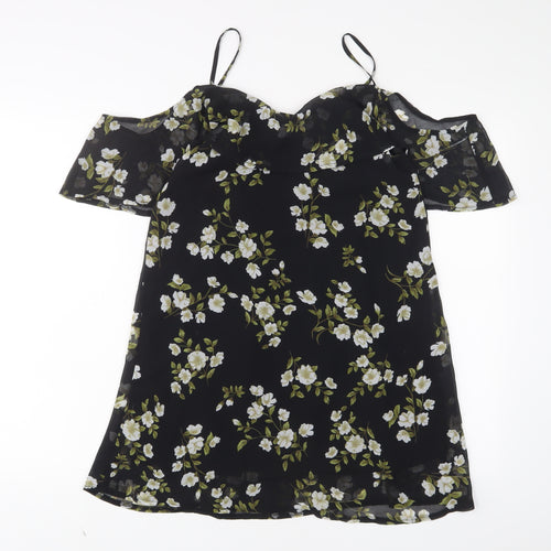 Missguided Womens Black Floral Polyester A-Line Size 8 V-Neck Pullover