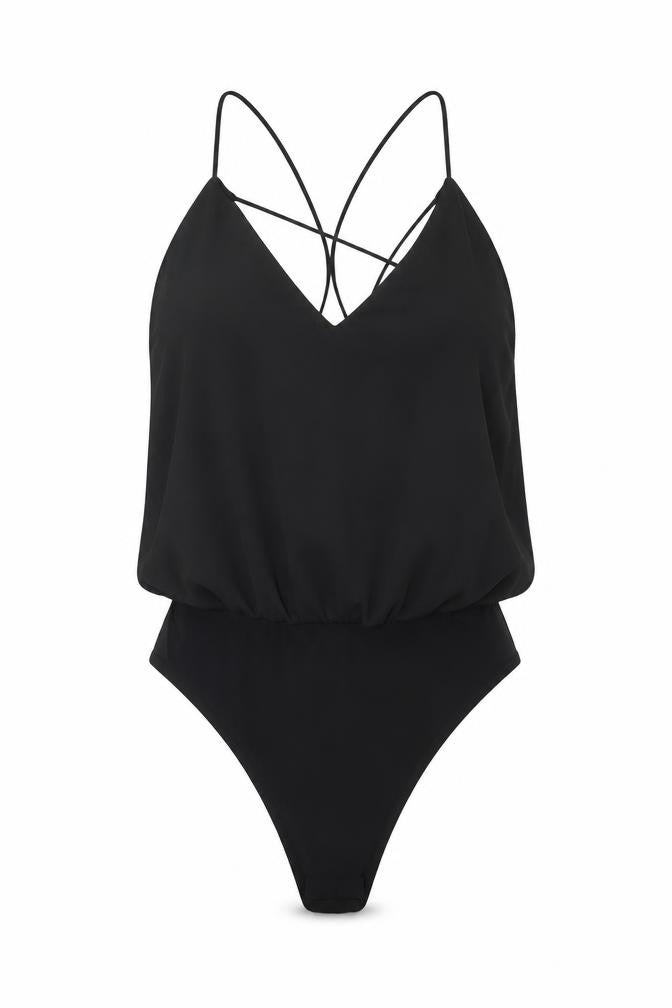 Front view of Topshop women’s black polyester bodysuit one-piece, size UK 8, snap - cross back