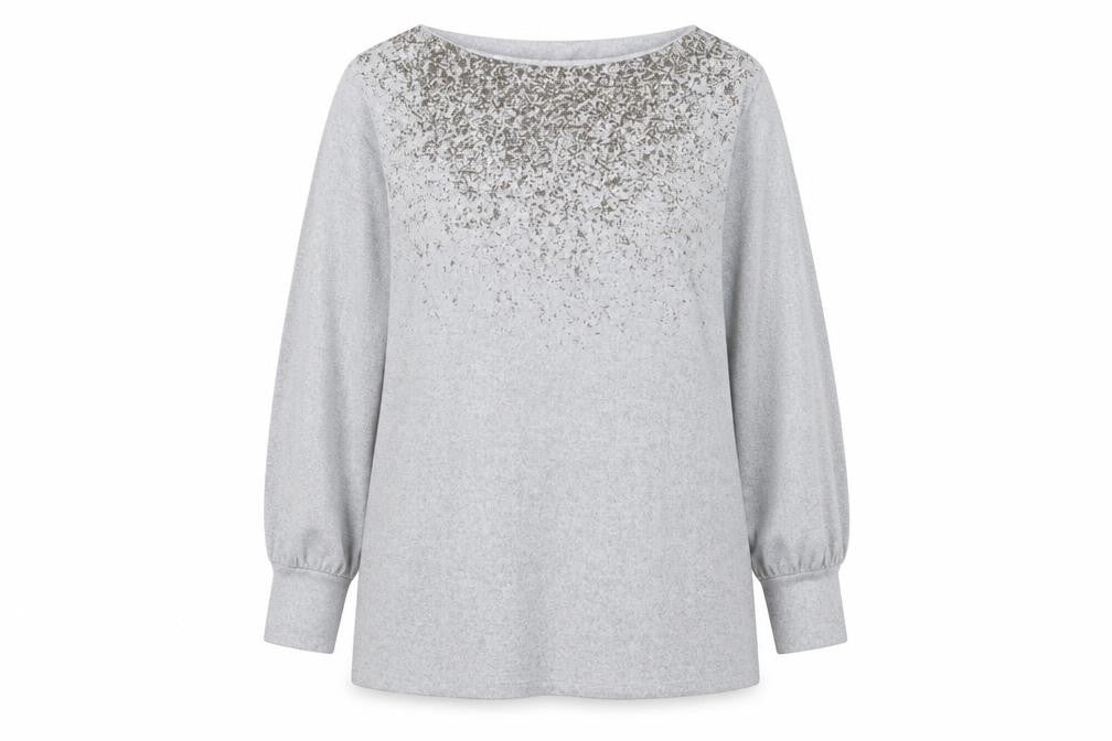 Front view of Marks & Spencer women’s grey boat neck geometric polyester jumper, size UK 18