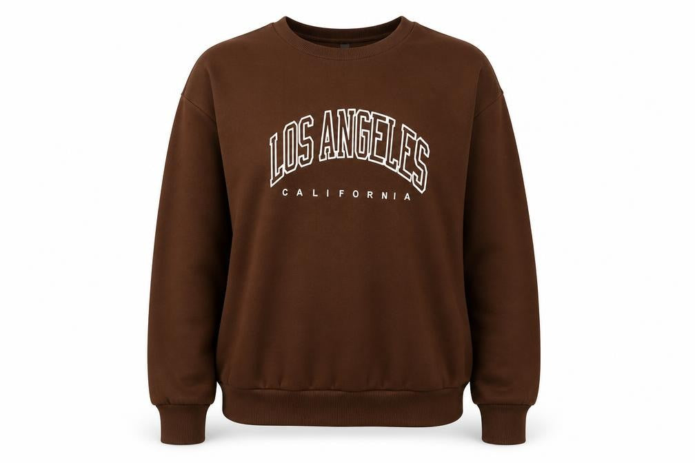 Front view of Los Angeles women’s brown polyester pullover sweatshirt, size XL, pullover