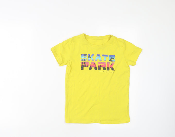 Dunnes Stores Boys Yellow Cotton Basic T-Shirt Size 9 Years Crew Neck Pullover - Skate park