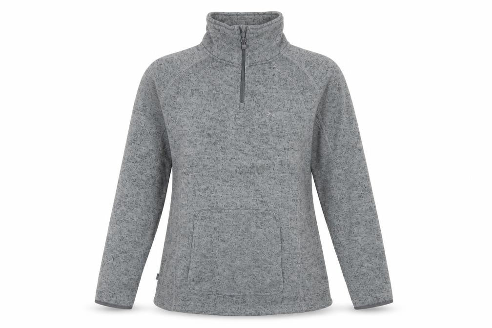 Front view of Mountain Life women’s grey polyester pullover sweatshirt, size UK 16, zip