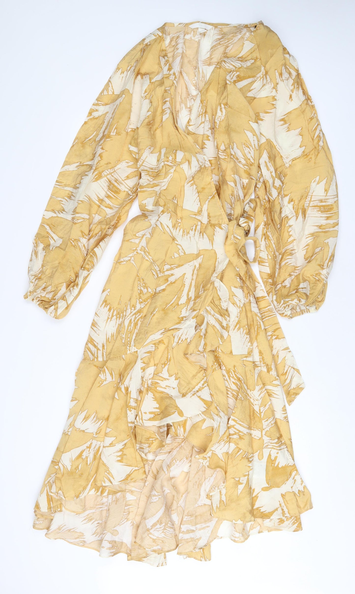 H&M Womens Yellow Floral Viscose Wrap Dress Size M V-Neck Pullover