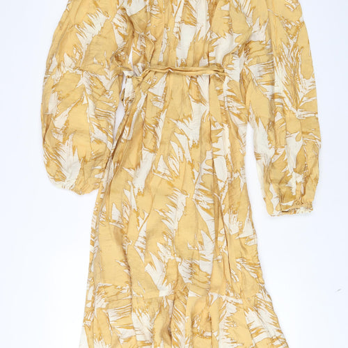 H&M Womens Yellow Floral Viscose Wrap Dress Size M V-Neck Pullover