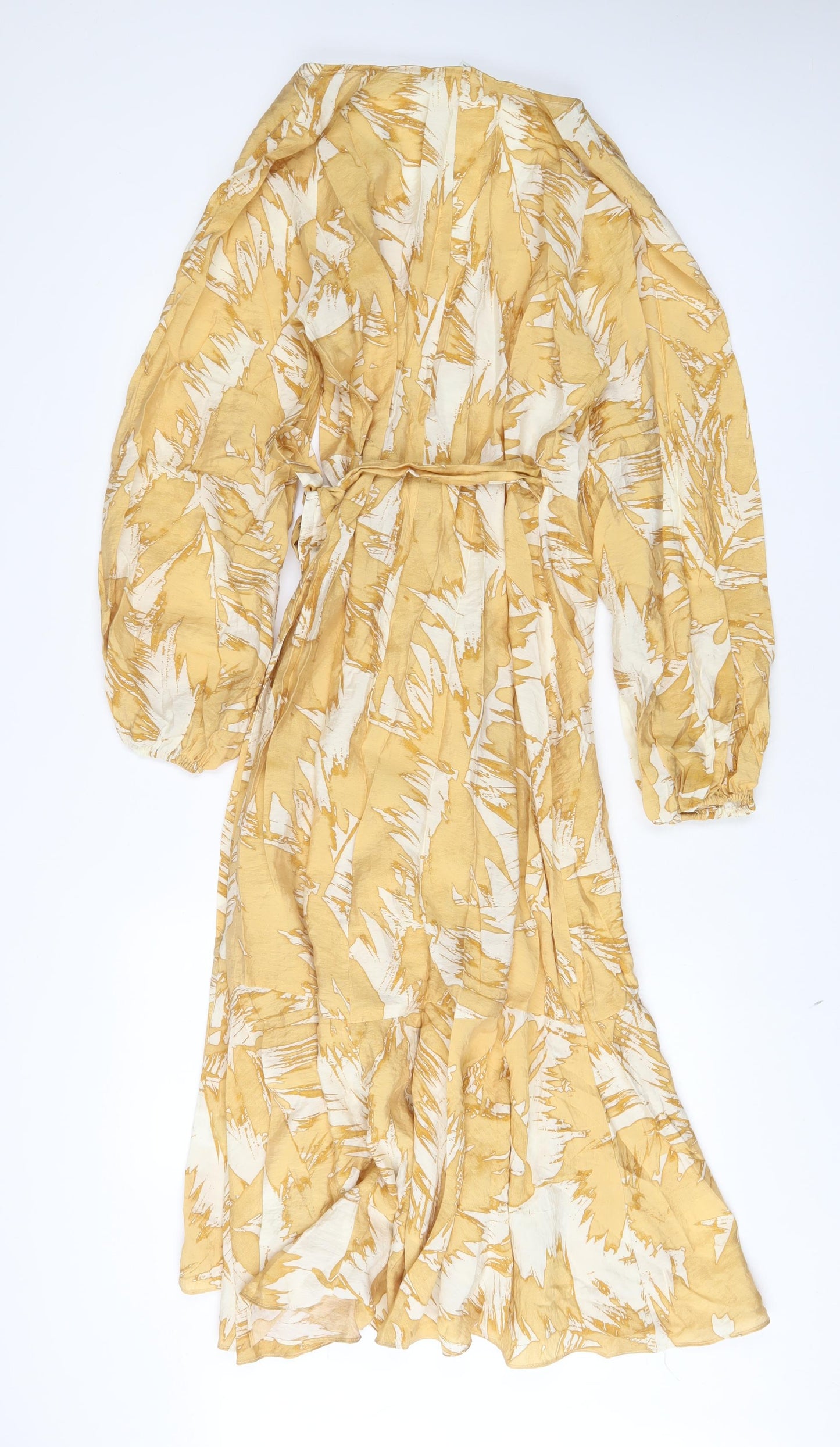 H&M Womens Yellow Floral Viscose Wrap Dress Size M V-Neck Pullover