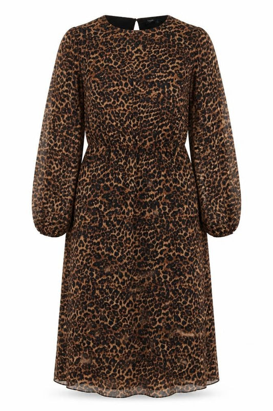 Front view of Next women’s brown animal print polyester a-line, size UK 12, boat neck button