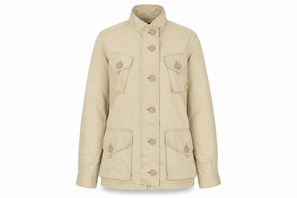 Front view of French Connection women’s beige jacket, size UK 8, zip