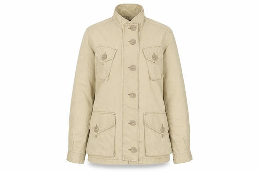 Front view of French Connection women’s beige jacket, size UK 8, zip