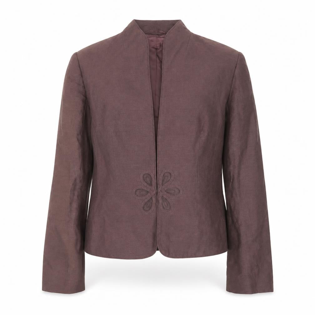 Front view of Monsoon women’s brown jacket, size UK 12, hook & eye - embroidered