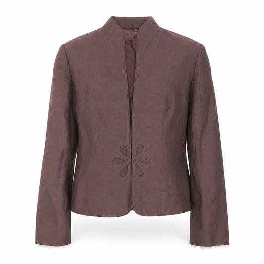 Front view of Monsoon women’s brown jacket, size UK 12, hook & eye - embroidered