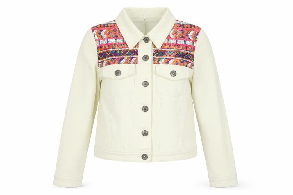 Front view of Boohoo women’s yellow geometric jacket, size UK 8, button - sequin detail