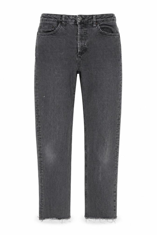 Front view of Topshop women’s grey cotton cropped jeans, size UK 30, 32-inch leg regular zip
