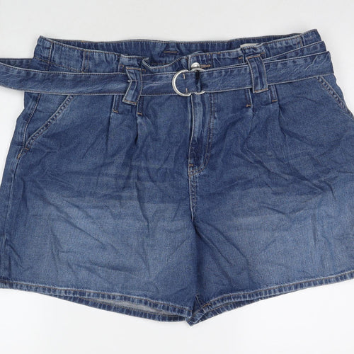 Marks and Spencer Womens Blue Cotton Paperbag Shorts Size 20 L5 in Regular Zip