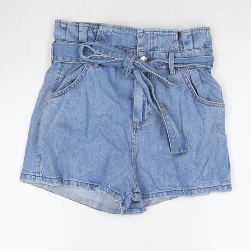 Mango Womens Blue Cotton Paperbag Shorts Size 10 L3 in Regular Zip