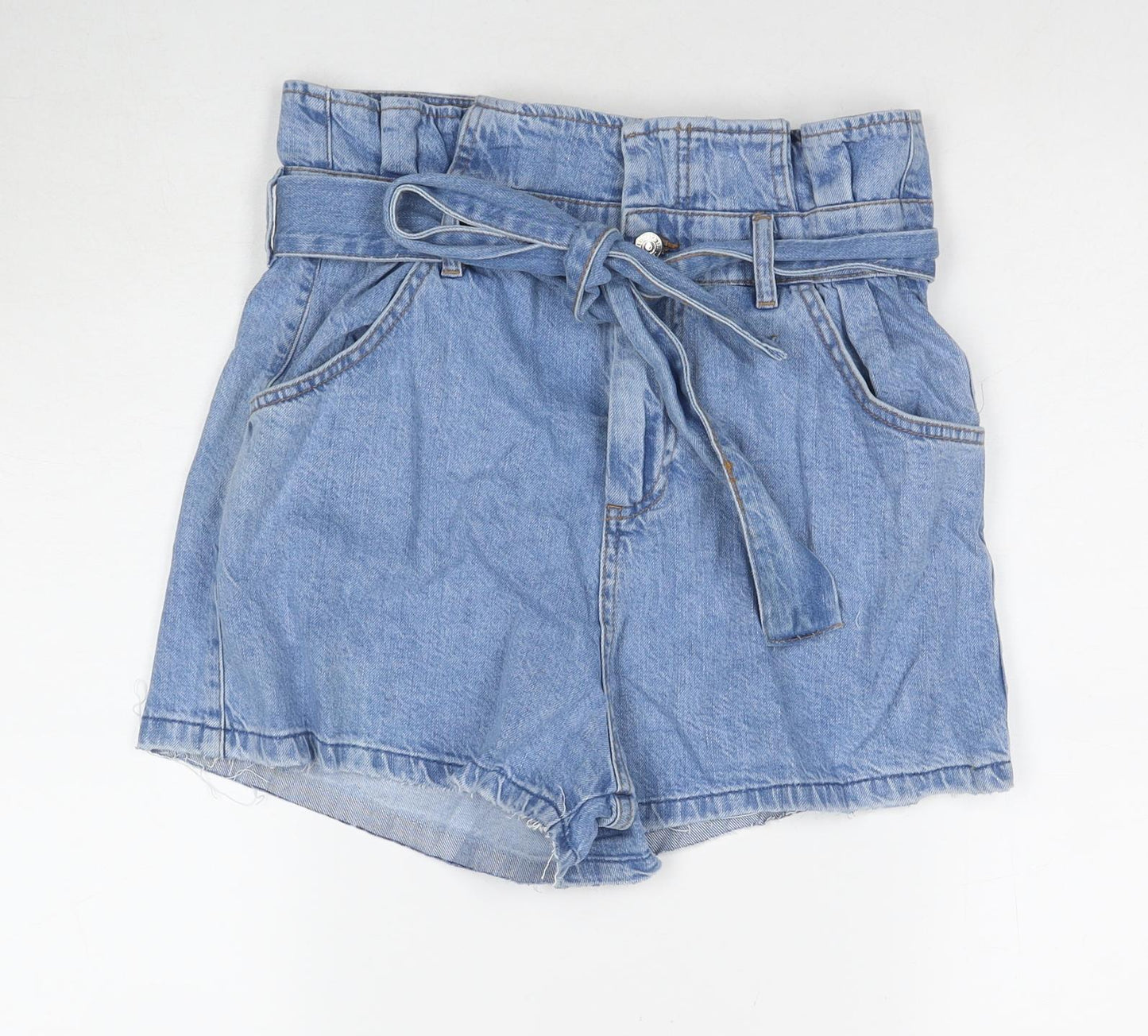 Mango Womens Blue Cotton Paperbag Shorts Size 10 L3 in Regular Zip