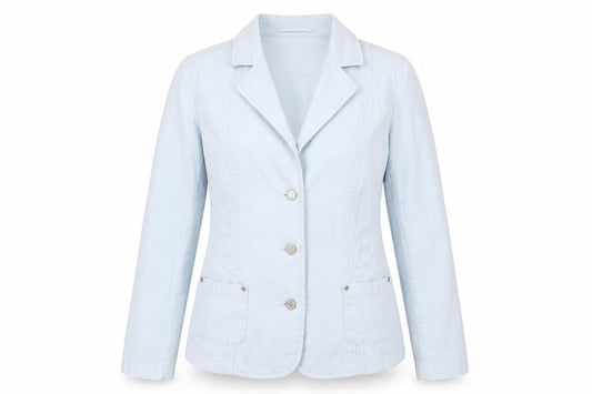 Front view of Per Una women’s blue jacket, size UK 10, button