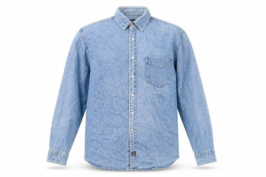 Front view of Hawkshead men’s blue cotton button-up, size M, collared button