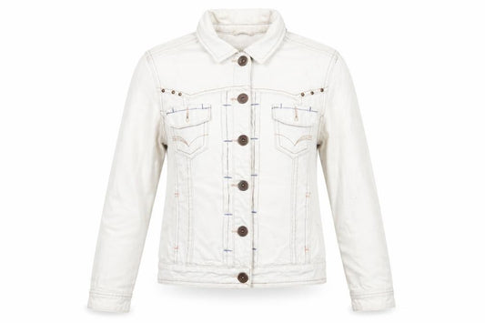 Front view of New Look women’s blue jacket, size UK 10, button