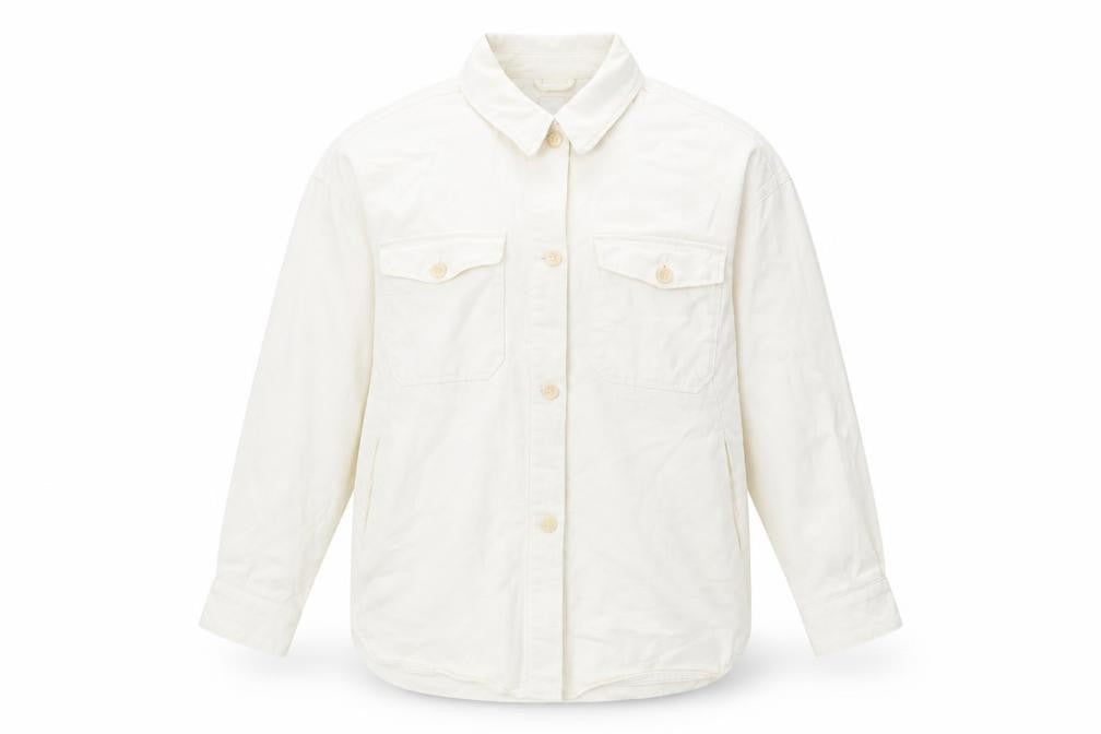 Front view of H&M men’s ivory cotton button-up, size M, collared button
