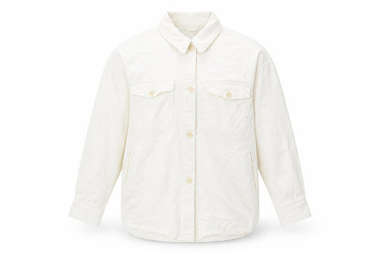 Front view of H&M men’s ivory cotton button-up, size M, collared button