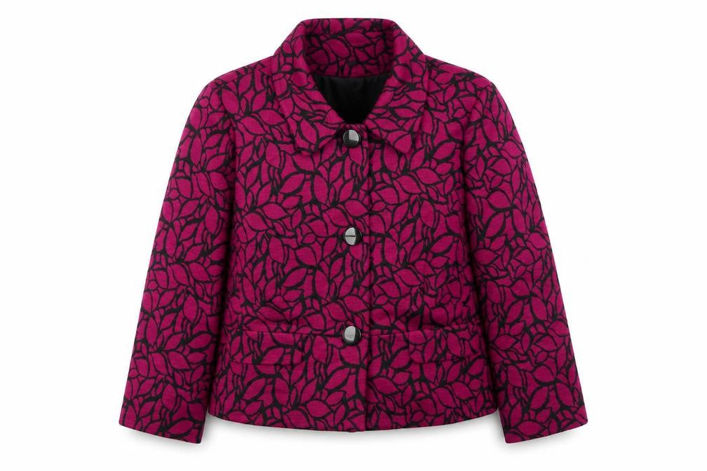 Front view of Country Casuals women’s pink geometric pea coat coat, size UK 18, button
