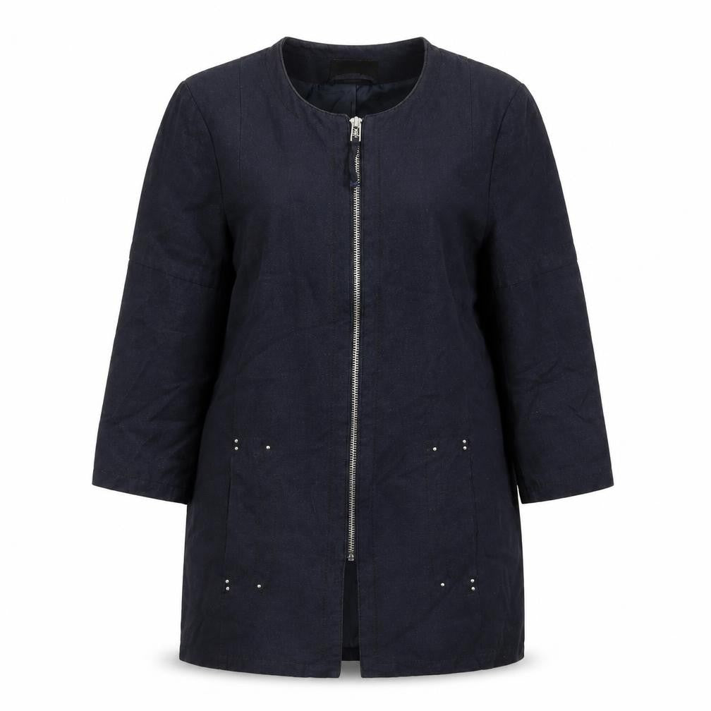 Front view of H&M women’s blue jacket coat, size UK 12, zip
