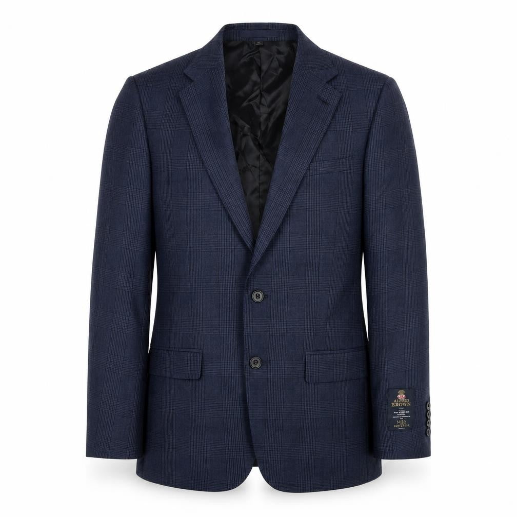 Front view of Marks & Spencer men’s blue plaid wool jacket blazer, size 38, regular