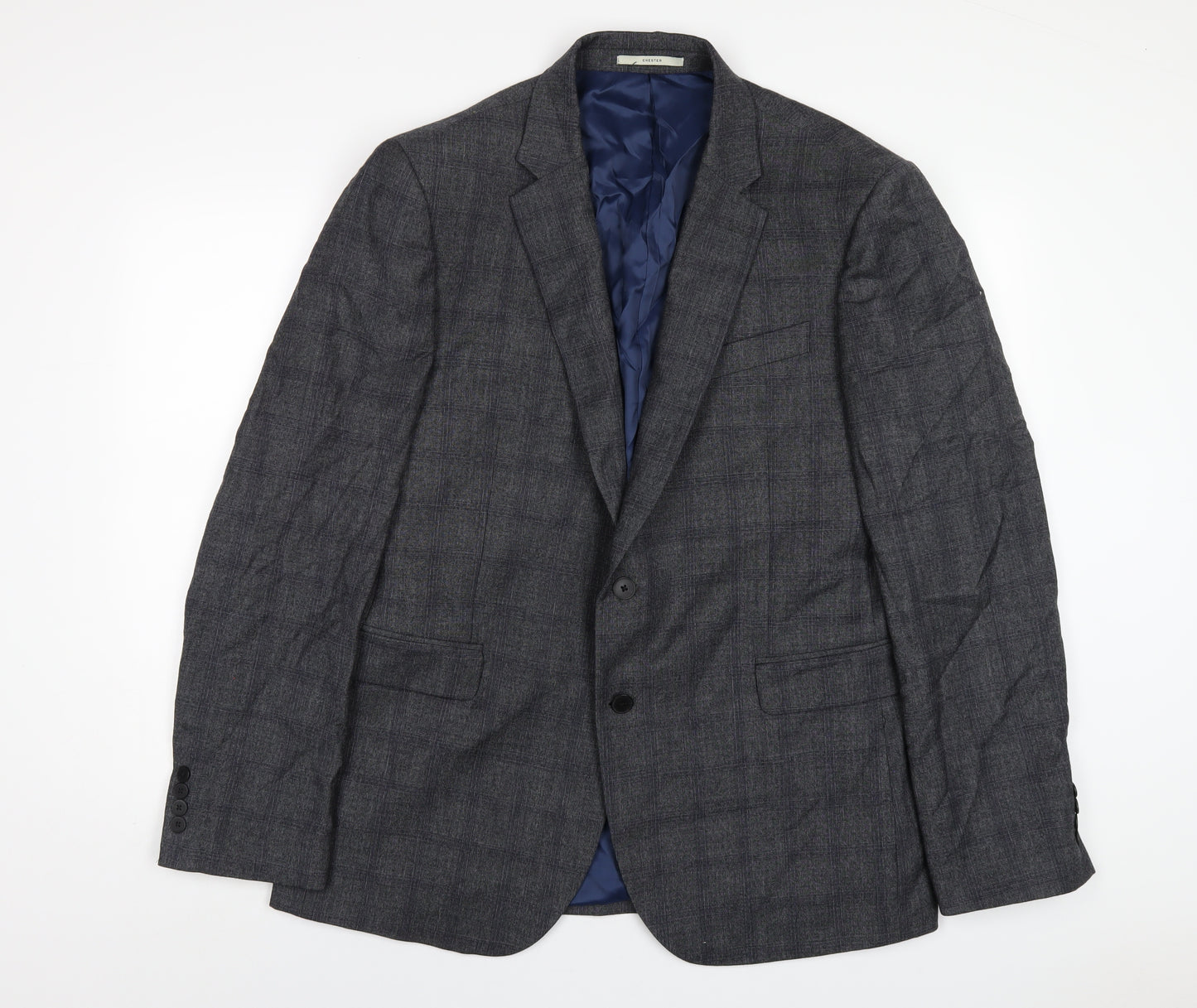 Chester Mens Grey Plaid Wool Jacket Blazer Size 46 Regular